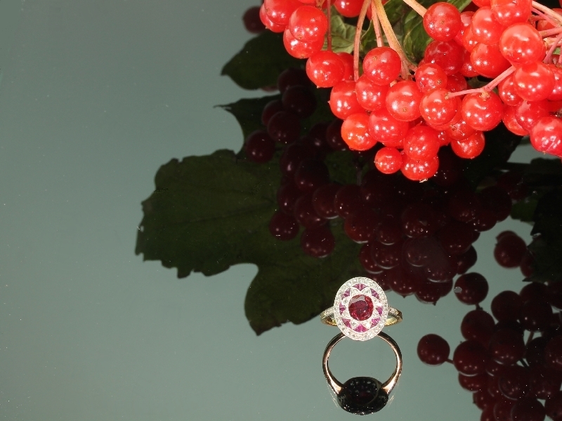 Most decorative Belle Epoque diamond ruby antique engagement ring from the antique jewelry collection of www.adin.be